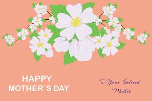 gelukkig moeder dag met liefde, met helder voorjaar appel bloesems tegen een achtergrond van perzik dons. vector illustratie.