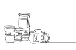 één enkele lijntekening van oude retro analoge slr-camera met set telelens en brede lenzen. vintage klassieke fotografie apparatuur concept continu lijn tekenen ontwerp vector grafische illustratie