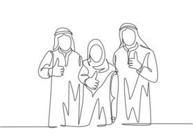 een doorlopende lijntekening van jonge gelukkige moslimmedewerkers die duimen omhoog gebaar geven om baanpromotie te vieren. islamitische kleding shemag, sjaal, keffiyeh. enkele lijn tekenen ontwerp vectorillustratie vector