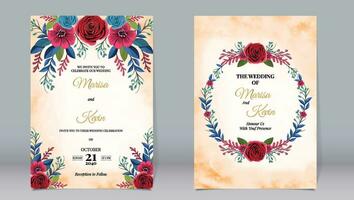 luxe bruiloft uitnodiging rood roos bloemen en bladeren met waterverf vector
