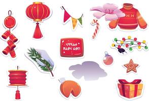 Chinese nieuw jaar stickers met rood lantaarn, trui, pijnboom boom en bellen, plat Chinese nieuw jaar elementen collectie, schattig Chinese nieuw jaar voorwerpen reeks vector