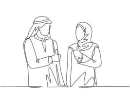 een doorlopende lijntekening van jonge moslimmannen en -vrouwen steken hun duim op om de promotie van de baan te vieren. islamitische kleding hijab, sjaal, keffiyeh. enkele lijn tekenen ontwerp vectorillustratie vector