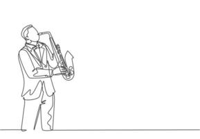 enkele doorlopende lijntekening van jonge gelukkige mannelijke saxofonist met hoed die optreedt om saxofoon te spelen op muziekconcert. muzikant kunstenaar prestaties concept één lijn tekenen ontwerp vectorillustratie vector