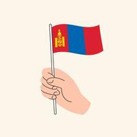 tekenfilm hand- Holding Mongools vlag, geïsoleerd vector ontwerp.