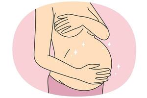 detailopname van naakt vrouw aanraken zwanger buik klaar voor toekomst moederschap. vrouw opgewonden met zwangerschap. moederschap en mam naar zijn. vector illustratie.