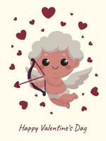 ansichtkaart met schattig blond Cupido karakter. kaart, sticker voor Valentijnsdag dag in tekenfilm stijl, vlak stijl. viering, evenement. vector
