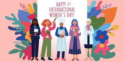 folder, ansichtkaart, banier voor Internationale vrouwen dag. karakters, Dames van verschillend beroepen, nationaliteiten en leeftijden. Super goed evenement vector