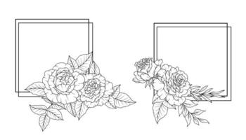 roos lijn tekening. zwart en wit bloemen kozijnen. bloemen lijn kunst. prima lijn roos bloem illustratie. hand- getrokken schets bloemen. botanisch kleur bladzijde. bruiloft uitnodiging bloemen vector