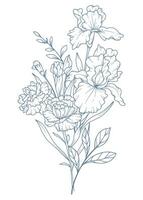 wilde bloemen lijn tekening. zwart en wit bloemen boeketten. bloem kleur bladzijde. bloemen lijn kunst. prima lijn wilde bloemen illustratie. hand- getrokken bloemen. botanisch kleuren. bruiloft uitnodiging bloemen vector