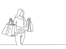 een doorlopende lijntekening jonge gelukkige schoonheidsvrouw die papieren zakken vasthoudt na het kopen van jurk, make-up, cosmetica, mode in het winkelcentrum. winkelen in winkelcentrum concept. enkele lijn tekenen ontwerp illustratie vector