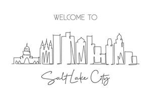 één enkele lijntekening bezoek de skyline van Salt Lake City, Utah. wereld schoonheid stad landschapskunst. beste vakantiebestemming briefkaart. bewerkbare lijn trendy doorlopende lijn tekenen ontwerp vectorillustratie vector