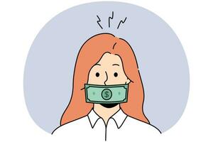 vrouw met dollar bankbiljet Aan mond krijgen omkoping. vrouw met geld aan het bedekken gezicht verloofd in corruptie en omkoping. vector illustratie.