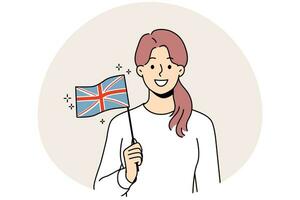 glimlachen jong vrouw Holding uk vlag in handen. gelukkig vrouw met Brits nationaal teken. vector illustratie.