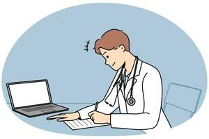 mannetje dokter zitten Bij bureau in ziekenhuis werk Aan laptop schrijven voorschrift naar geduldig. modern Mens gp in kliniek handgeschreven in medisch logboek. geneesmiddel. vector illustratie.