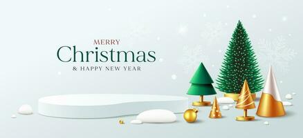 vrolijk Kerstmis en gelukkig nieuw jaar, groen en goud pijnboom boom, podium Scherm ornamenten banners ontwerp achtergrond, eps10 vector illustratie