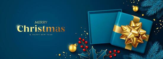 vrolijk Kerstmis en gelukkig nieuw jaar, blauw geschenk doos goud lint, rood BES en blauw pijnboom blad banier ontwerp Aan blauw achtergrond, eps 10 vector illustratie