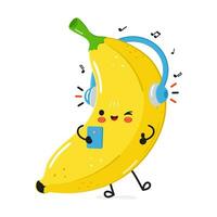 banaan luistert naar muziek- Aan hoofdtelefoons met een smartphone. vector hand- getrokken tekenfilm kawaii karakter illustratie icoon. geïsoleerd Aan wit achtergrond. banaan karakter concept