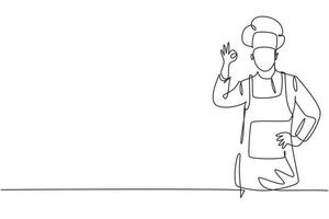 enkele lijntekening van chef-kok met gebaren oke en het dragen van kookuniformen is klaar om maaltijden te koken voor gasten in beroemde restaurants. moderne doorlopende lijn tekenen ontwerp grafische vectorillustratie vector