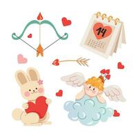 valentijnsdag dag elementen clip art. Cupido, boog en pijl, februari 14e kalender, en konijn met hart. reeks van tekenfilm stijl vector illustraties voor groet kaarten, spandoeken, stickers, en uitnodigingen.
