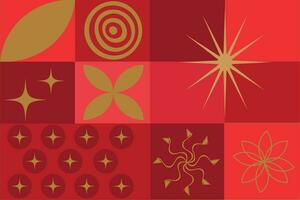 gelukkig Chinese nieuw jaar luxe stijl patroon achtergrond vector. gouden munten, sterren, bloem, vuurwerk in rood meetkundig vormen behang. oosters ontwerp voor achtergrond, kaart, poster, reclame vector
