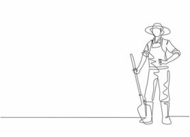 continue een lijntekening van jonge mannelijke boer pose staande op het veld en schop vasthouden. professionele baan beroep minimalistisch concept. enkele lijn tekenen ontwerp vector grafische afbeelding