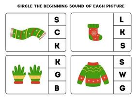 werkblad voor kinderen. vind de begin geluid van schattig rood en groen kleren. vector