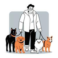 Mens wandelen honden vector illustratie in vlak lijn tekenfilm stijl Mens met huisdieren