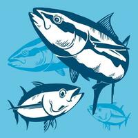 tonijn vis symbool samenstelling Aan blauw achtergrond, vector. sport visvangst club, restaurant, ingeblikt, voedsel logo, behang, achtergrond... vector