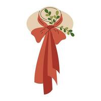 een schattig landelijk rietje hoed met een rood lint en een boog. cottagecore mode. vintage, retro. vector, vlak, tekenfilm illustratie vector