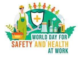 wereld dag voor veiligheid en Gezondheid Bij werk vector illustratie Aan april 28 met monteur gereedschap en bouw helm in vlak tekenfilm achtergrond