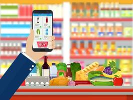 hand- Holding smartphone met boodschappen doen app. vector