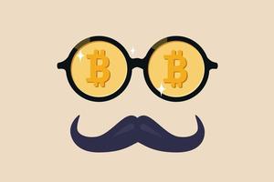 bitcoin-walvis of anoniem die rijk is aan bitcoin-cryptohandel, cryptocurrency-goeroe of succesinvesteerder zonder identiteitsconcept, mooie nerd-bril met kostbaar bitcoin-symbool en snor.