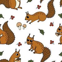 kinderachtig naadloos patroon met eekhoorns, eik bladeren, paddestoelen, bessen. vector