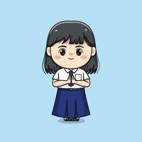 schattig junior hoog school- leerling meisje groet chibi kawaii vector