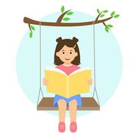 schattig kind lezing boek zittend Aan schommel. Reserve tijd, kom tot rust, hobby en zomer tijd vrije tijd. vector illustratie