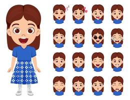 Gelukkig mooi meisje karakter dragen mooie outfit staande poseren zwaaien met verschillende gezichtsuitdrukking emoties avatar geïsoleerd op een witte achtergrond vector