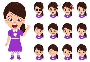 gelukkig schattig meisje karakter dragen mooie outfit staande zwaaien met verschillende gezichtsuitdrukking emoties avatar vector