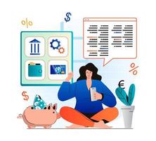 mobiel bankieren concept in modern plat design. vrouw heeft een financiële rekening, een elektronische portemonnee, gebruikt een creditcard, slaat spaargeld op, voert transacties uit op een online financiële rekening. vector illustratie