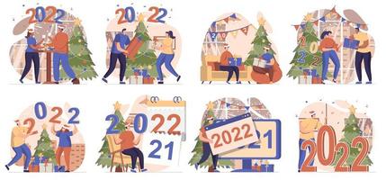 gelukkig nieuwjaar verzameling scènes geïsoleerd. mensen vieren 2022 vakantie thuis feestelijk feest, in plat ontwerp. vectorillustratie voor bloggen, website, mobiele app, promotiemateriaal. vector