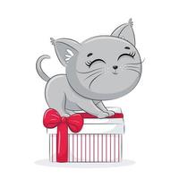 kaart met een kitten met geschenkdoos. vrolijk kerstontwerp. vector