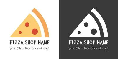gemakkelijk pizza logo vector ontwerp. gekleurd, vlak plak met merk naam en slogan. omgekeerd silhouet wit logo Aan zwart achtergrond. pizza icoon vector illustratie voor uw branding behoeften