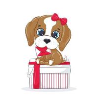 schattige puppy op de doos met brief. cartoon hond met strik. cadeau voor de vakantie. vector
