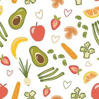 naadloos patroon met fruit en groenten in hand- getrokken stijl. vlak illustraties geïsoleerd Aan wit. doodles appel, broccoli, avocado. vector