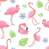 vector naadloos patroon met roze flamingo en tropisch bladeren.