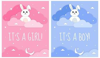 haar een meisje, haar een jongen kaart. reeks van uitnodiging kaart voor baby nieuw geboren viering met tekenfilm konijn en wolken. papier besnoeiing stijl. roze en blauw achtergrond. vector