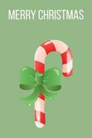 Kerstmis kaart met snoep riet vormig snoep riet met rood strepen en groot groen boog met schaduwen en hoogtepunten. met tekstom. verticaal. vector