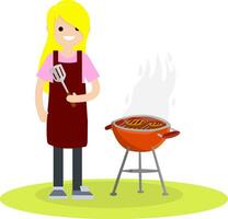 Mens bereidt zich voor barbecue vlees Aan een rooster over- brand. koken vent in schort. element van lunch Aan natuur. heerlijk hartelijk maaltijd. steak, medium bijzonder, voedsel - tekenfilm vlak illustratie vector