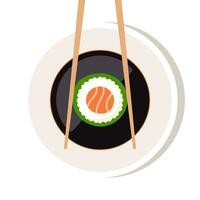 soja saus in een schaal, eetstokjes met sushi stuk rollen onder de schaal. Japans keuken, traditioneel voedsel. vector illustratie.