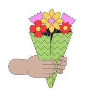 Holding bundel van bloemen lineair tekenfilm karakter handen illustratie. Dames dag. schenken wilde bloemen boeket schets 2d vector afbeelding, wit achtergrond. draag- bloemen geschenk bewerkbare vlak kleur clip art