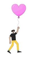 spaans Mens vliegend met ballon in handen 2d lineair tekenfilm karakter. hart vormig ballon mannetje Latijns Amerikaans geïsoleerd lijn vector persoon wit achtergrond. dromerig kleur vlak plek illustratie